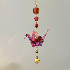 Origami Ornament #2299 - Small Crane with Tiny Heart Locket